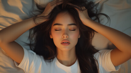 Fototapeta premium A beautiful woman lying in bed, hands on her head, struggling with insomnia and discomfort in soft evening lighting.