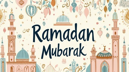 Fototapeta premium Ramadan Mubarak greeting with mosque illustrations and calligraphy.