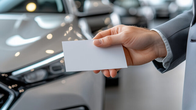 A businessman holding a blank business card in front of a luxury car, ideal for branding and corporate use.