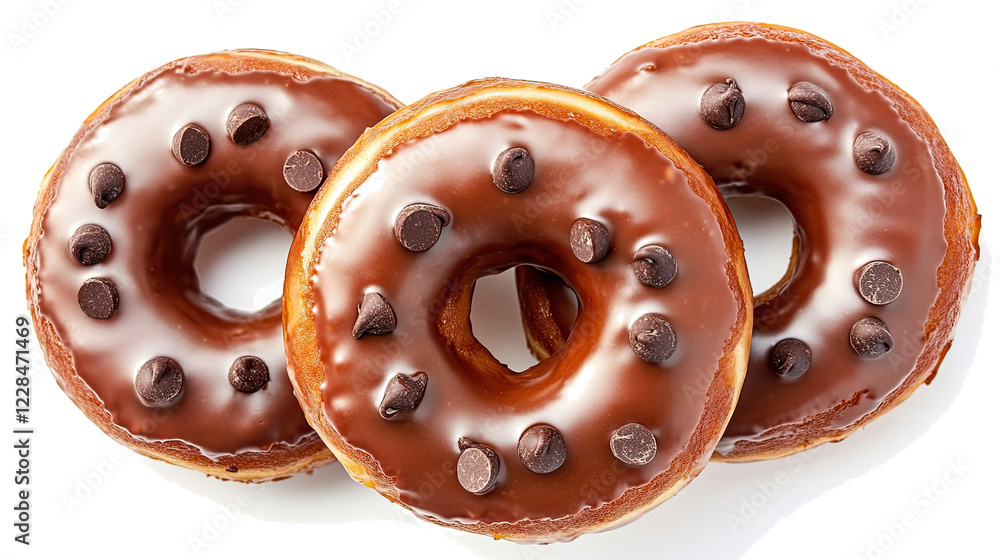Poster chocolate glazed donuts with chocolate chips on display generative ai