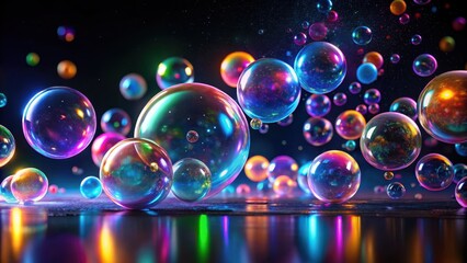 Swirling abstract neon bubbles in a mesmerizing dance amidst a dark black background, with a subtle glow emanating from within the colorful orbs, abstract neon bubbles, night sky ambiance