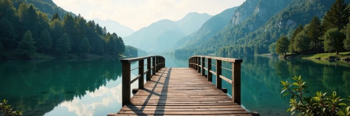 Obraz premium A wooden bridge crossing over a serene lake, outdoor, nature