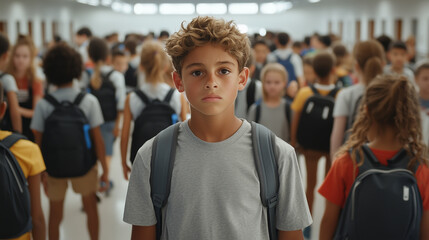 A young boy in a crowded school hallway, feeling overwhelmed and alone in a sea of students.