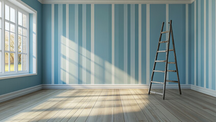 Empty room with striped blue wallpaper, wooden floor and a ladder leaning against the window.