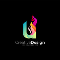 Letter U logo with fire design colorful, 3d style design