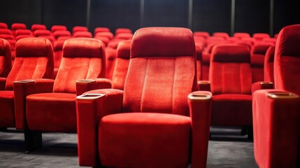 Obraz premium Line of unoccupied red velvet seats in an awards theater. Music ceremony celebration industry honor