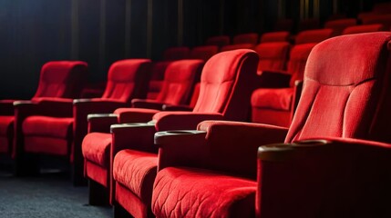 Obraz premium Line of unoccupied red velvet seats in an awards theater. Music ceremony celebration industry honor