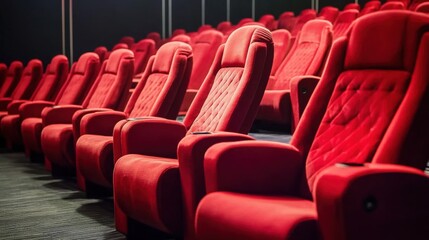 Obraz premium Line of unoccupied red velvet seats in an awards theater. Music ceremony celebration industry honor