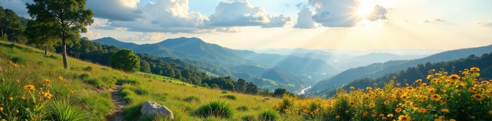 Obraz premium Bifold brochure with a scenic landscape , folded, brochure