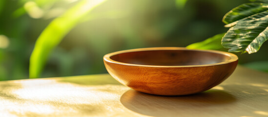 wooden bowl on a natural wood table. ai generated