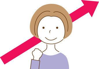 ガッツポーズをする女性と上向き矢印
