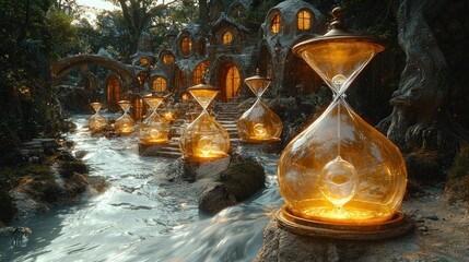 Enchanted Hourglass Village: A Dreamlike River Scene
