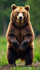 Obraz premium Brown bear standing on two legs with front paws resting on ground , brown bear, wildlife