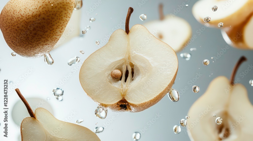 Poster sliced pears floating in air create whimsical and fresh visual. light background enhances pear cream