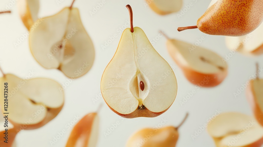 Poster sliced pears floating in air create whimsical and fresh visual. light background enhances pear cream
