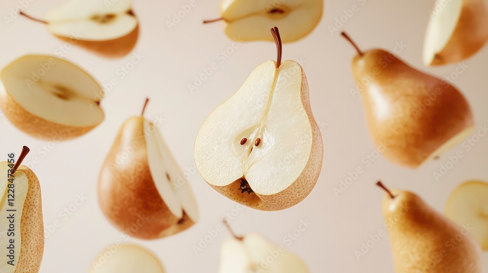 Poster sliced pears floating in air create whimsical and fresh visual. light background enhances pear cream