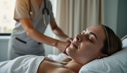 Fototapeta premium Nurse giving massage to relaxed patient in healing environment