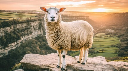 Fototapeta premium Sheep standing on rock overlooking valley sunset.