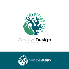 Tree logo and hand design nature, green color, leaf icons