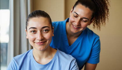 Fototapeta premium Smiling woman receiving care from nurse in blue uniforms