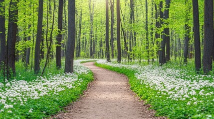 Obraz premium Serene forest path winding through vibrant greenery and blooming flowers in springtime