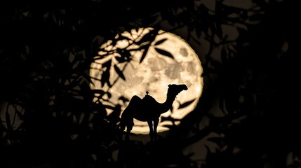 Silhouetted camel against a full moon, framed by dark foliage.