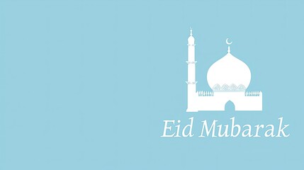 Simple Eid Mubarak greeting with mosque silhouette on light blue background.