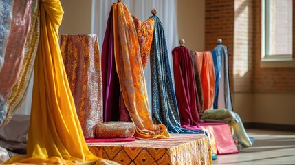 Vibrant Textiles Display: A Colorful Showcase of Rich Fabrics