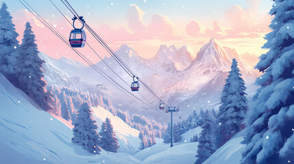 Snowy mountains, cable cars, scenic winter vista. Winter Ridge. Illustration