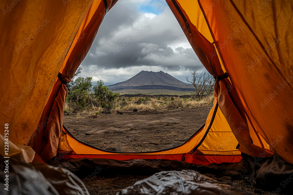 Wall mural view of mt. from inside the camping site with views of the volcano in mt. flowing lava