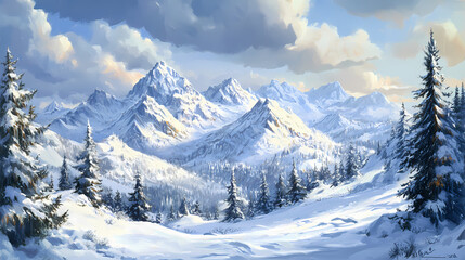 Fototapeta premium This illustration shows a winter landscape with snowy mountains and pine trees. Winter Ridge. Illustration