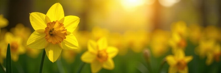 Obraz premium Daffodil trumpet blooms in sunlight, bloom, flowers