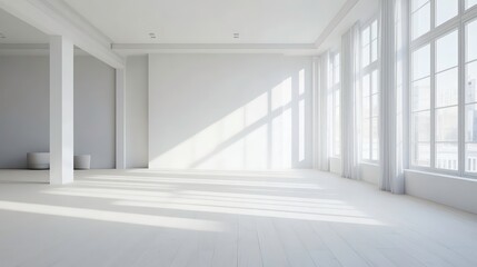 Fototapeta premium Spacious minimalist interior with simple furnishings and abundant natural light, creating ample copy space ideal for premium real estate visuals