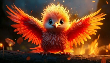 Obraz premium baby phoenix with fiery wings, looking curious and playful- 