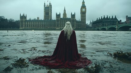Woman in Red Robe Contemplates London Parliament