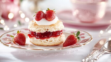 A fluffy scone layered with strawberry jam and clotted cream, garnished with fresh strawberries, served on an elegant ceramic plate