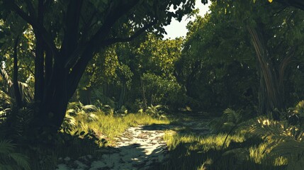 Naklejka premium Serene forest pathway with lush greenery, dappled sunlight, and tranquil surroundings inviting exploration