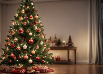 Decorated Christmas tree with ornaments and lights, holiday, winter