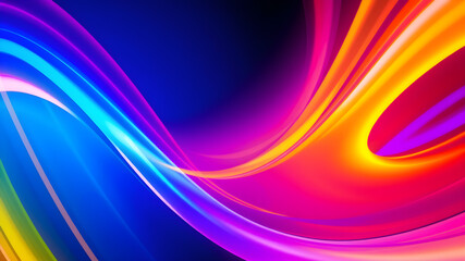 A vibrant abstract design featuring flowing, curved lines in a spectrum of bright colors against a dark blue background.