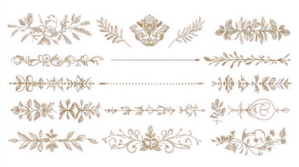 Stylish gold text dividers doodle set for wedding decor featuring vintage line separators, hand-drawn illustrations, decorative elements, borders, and ornaments, isolated on a white background