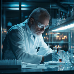 Portrait of a senior male scientist working in a chemical laboratory. Generative AI - 