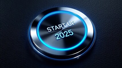 Start up 2025 push button. Planning, start, vision, career path, business strategy, opportunity and change concept. 2025 start modern car button with blue shine. 3d illustration