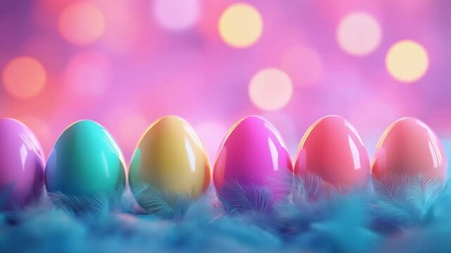 Colorful Easter eggs lying on fluffy feathers on bright neon background with bokeh lights. Modern concept. Festive holiday decoration for Easter celebration
