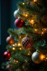 Sparkling fairy lights weave through Christmas tree branches with ornaments, mistletoe, christmas