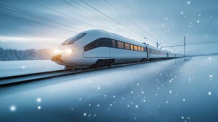 Naklejka premium A high-speed train crossing a snowy landscape, with snowflakes trailing behind the train in motion blur, soft daylight creating a wintery atmosphere