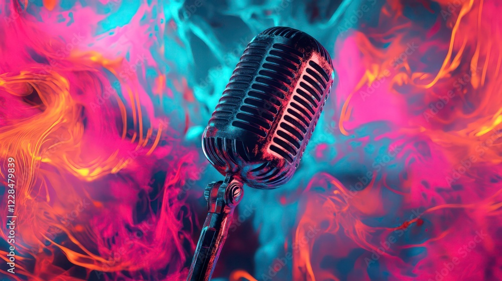Poster stylized image of retro microphone on a colorful background with digital sound waves, abstract and m