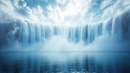 Fototapeta premium Majestic waterfall cascading into calm lake under dramatic sky; nature backdrop