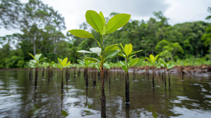 Obraz premium Young mangrove plants growing in rows on coastal wetland, showcasing vibrant green leaves and reflections in water