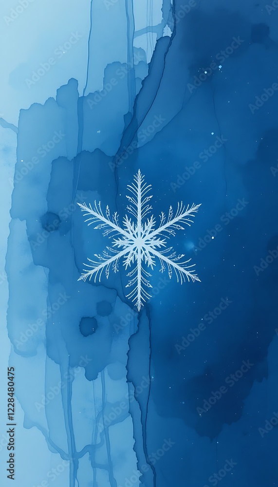 Poster abstract blue ink background with intricate snowflake design