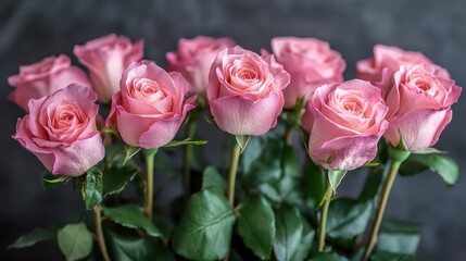Obraz premium A bouquet of six delicate pink roses, lush green leaves. Perfect for Valentine's, Mother's Day, or romance themes.